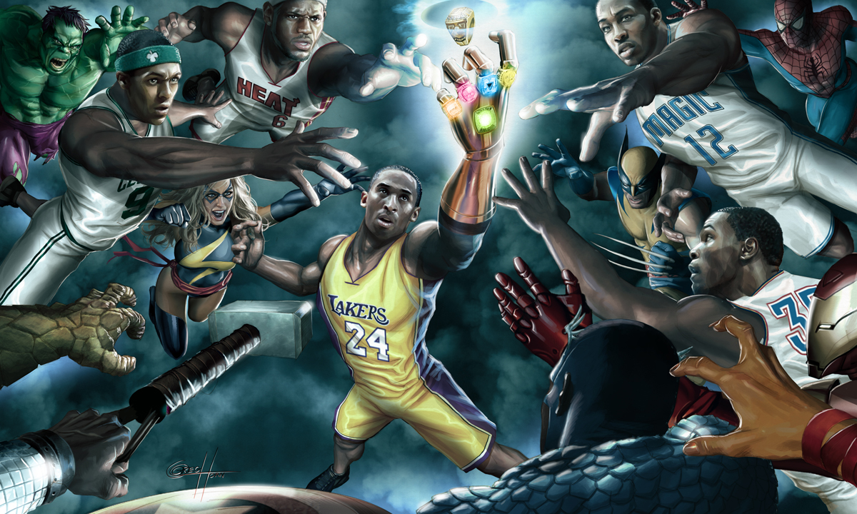 1st round NBA playoff vignette showcasing a cross section of NBA players as Avengers